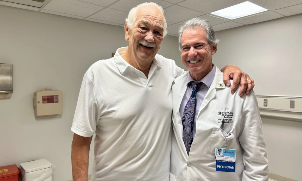 Andrew is with Dr. Leone six weeks after his revision total knee