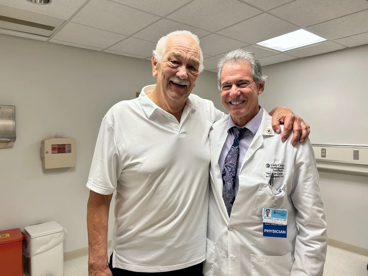 Andrew is with Dr. Leone six weeks after his revision total knee